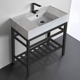 Modern Marble Design Ceramic Console Sink and Matte Black Base Scarabeo 5123-F-CON2-BLK